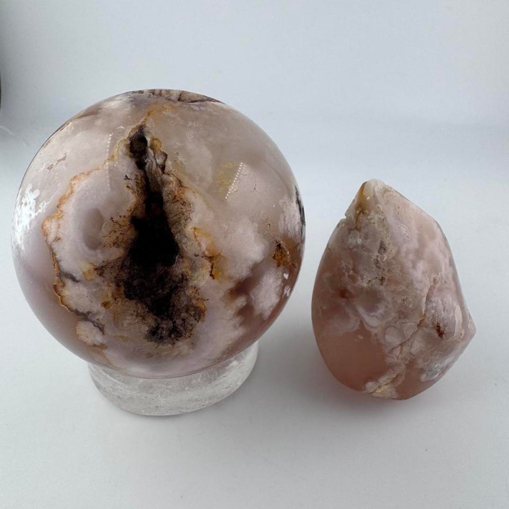 Flower Agate Sphere & flame set Druzies